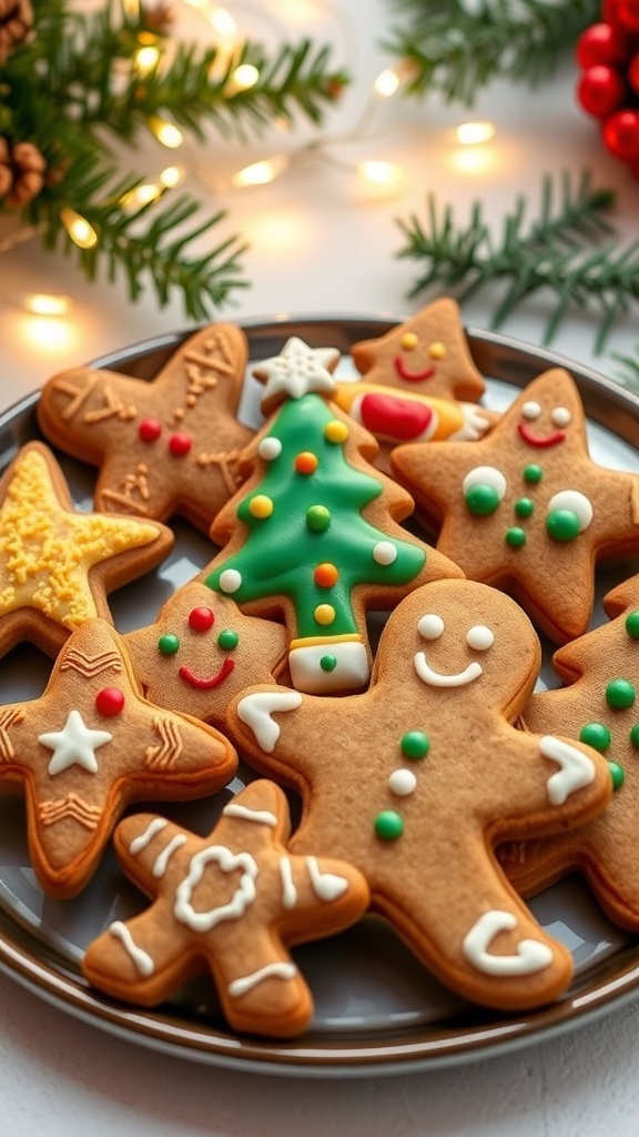 A festive plate of gingerbread cookies decorated with icing and sprinkles, surrounded by holiday decorations.
